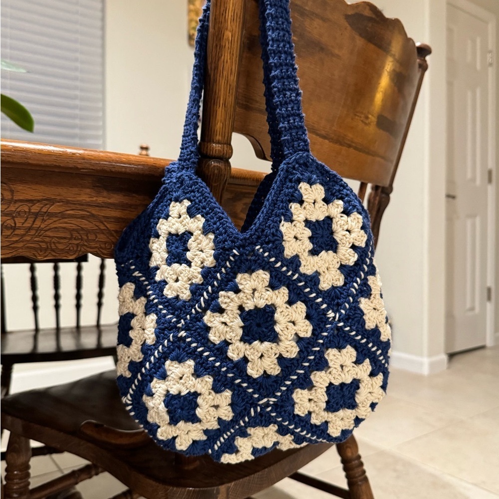 Handmade Crochet Bag, Navy Blue and Cream, bag for women